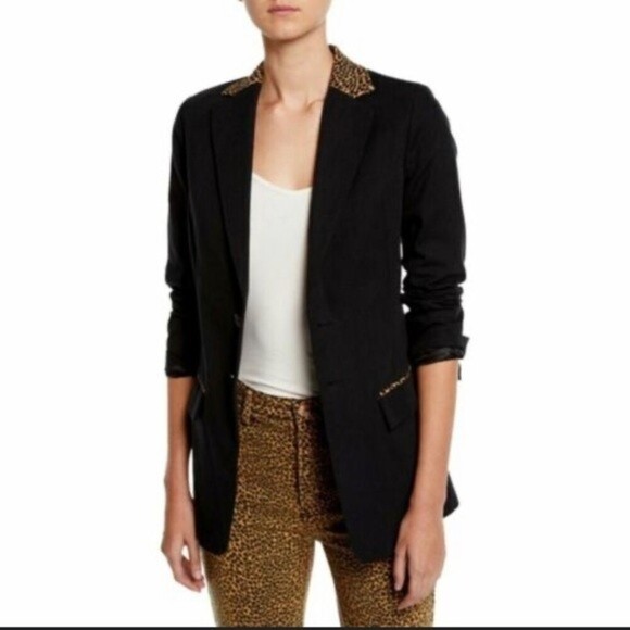 Current/Elliott Black The Calla Cotton-Wool Blazer w/ Leopard Print Trim Sz 0 - Picture 8 of 8